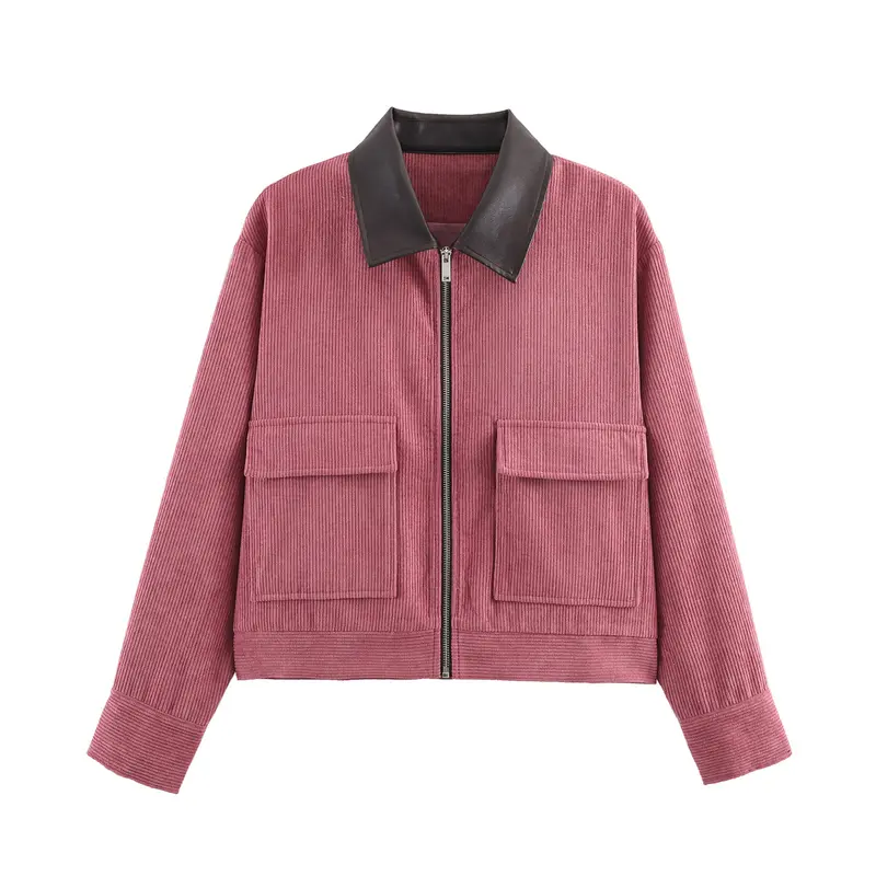 Damen Kurze Cordjacke mit Reißverschluss, großen Pattentaschen und Kunstlederkragen Drune