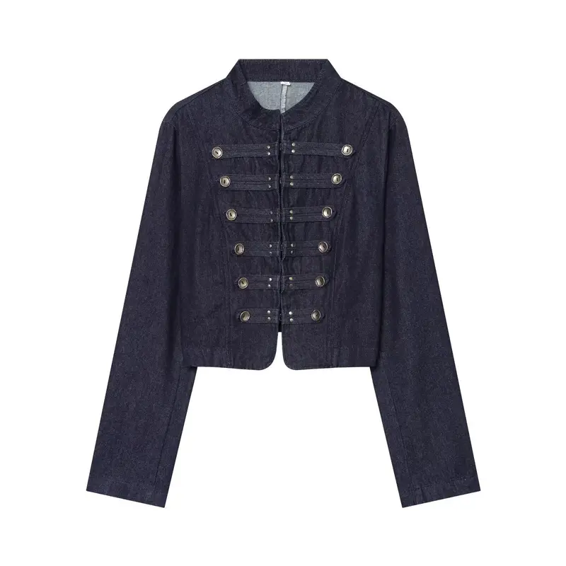 Damen kurze Denim‑Militärjacke mit Stehkragen und dekorativer Zierknopfleiste Drune