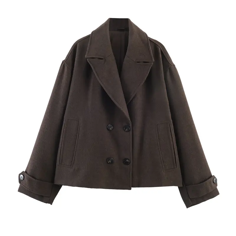 Damen Kurze doppeltreihige Boxy-Manteljacke mit weitem Revers Drune