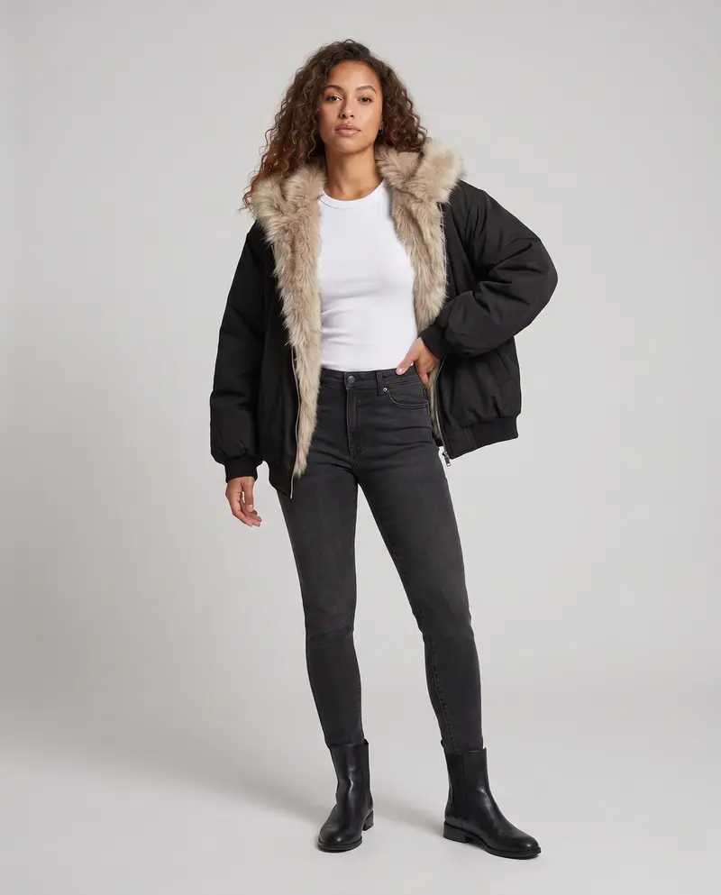 Damen kurze Fake-Fur-Bomberjacke mit kontrastierenden Bündchen