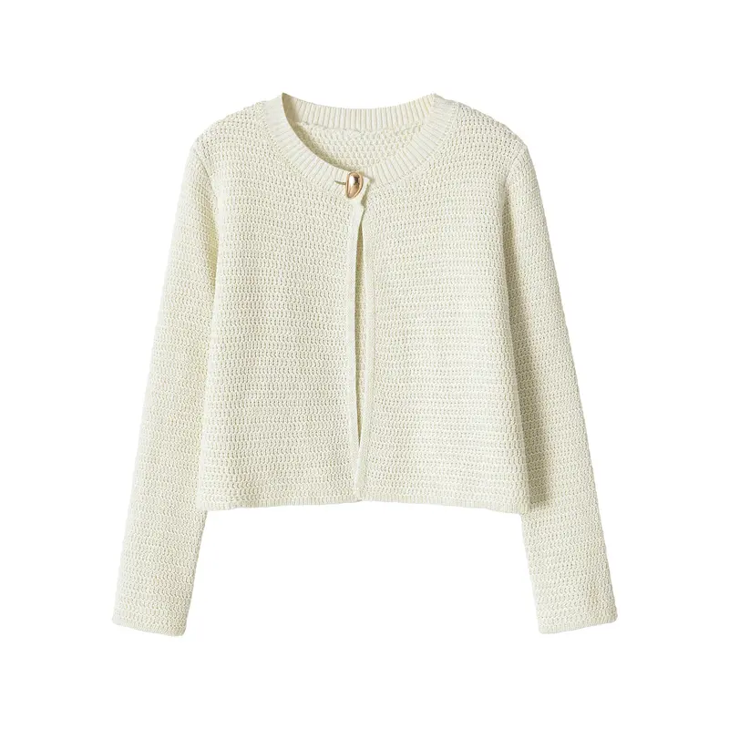 Damen Kurze gehäkelte Boxy-Strickjacke mit dekorativem Schmuckverschluss Drune