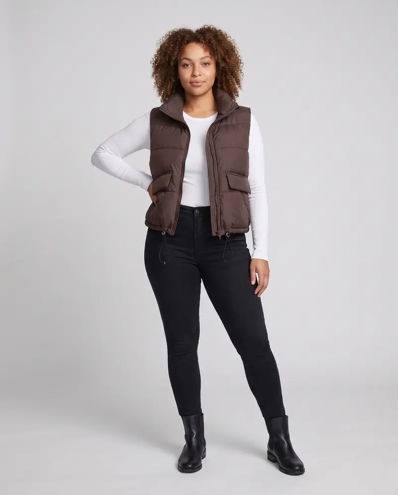 Damen kurze gep padded Steppweste mit hohem Stehkragen, zwei aufgesetzten Klappentaschen und verstellbarem Kordelzugsaum