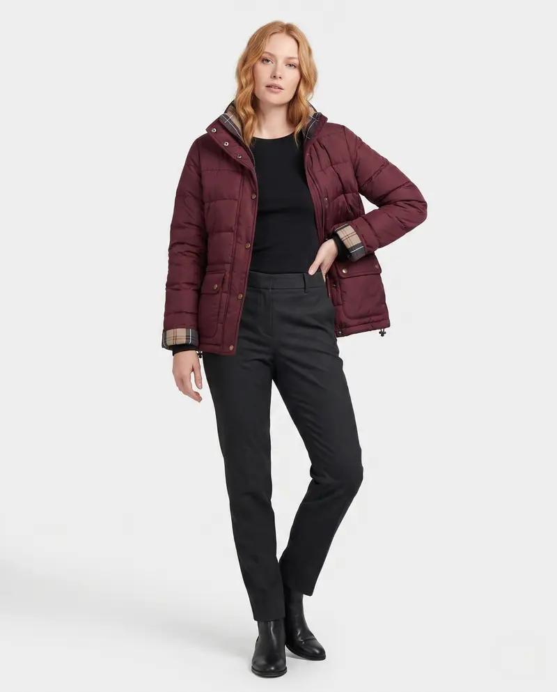 Damen kurze gepolsterte Boxy-Blouson mit kariertem Futter, hohem Kragen und aufgesetzten Klappentaschen