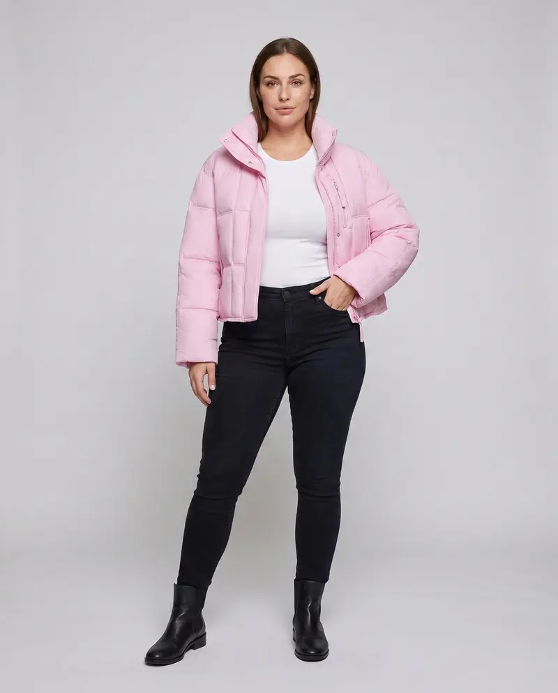 Damen kurze gepolsterte boxy gesteppte Jacke mit hohem Stehkragen, verdecktem Zwei-Wege-Reißverschluss und praktischen Seiten Taschen
