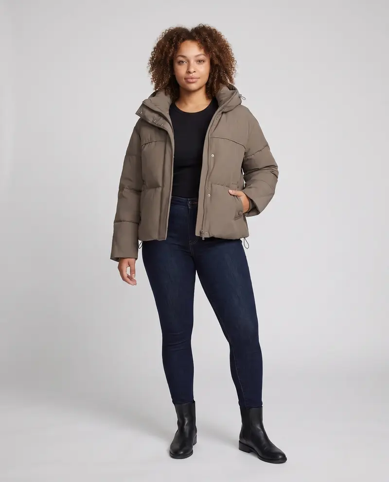 Damen kurze gepolsterte Kapuzenjacke mit abnehmbarem Kapuzenbesatz, hohem Stehkragen und tailliertem Schnitt