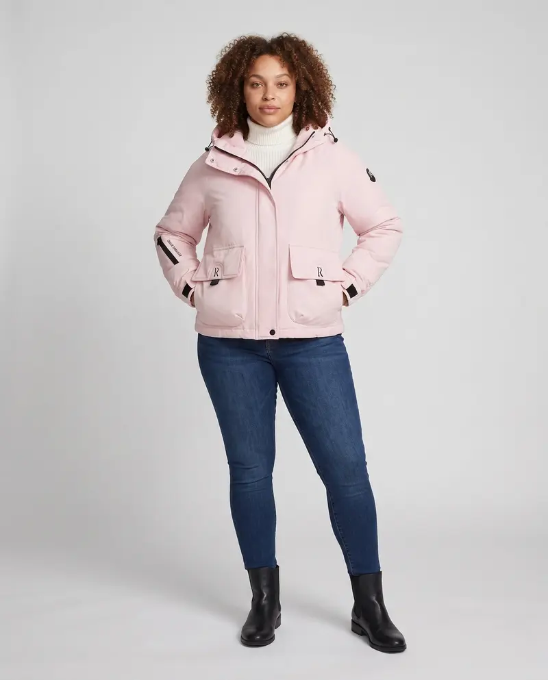 Damen kurze gepolsterte Kapuzenjacke mit funktionalen Klappen- und Reißverschlusstaschen sowie verstellbarem Saum