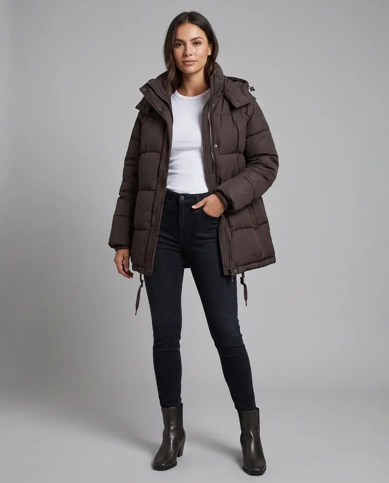 Damen kurze gepolsterte Winterjacke mit hohem Stehkragen und verdeckter Knopfleiste