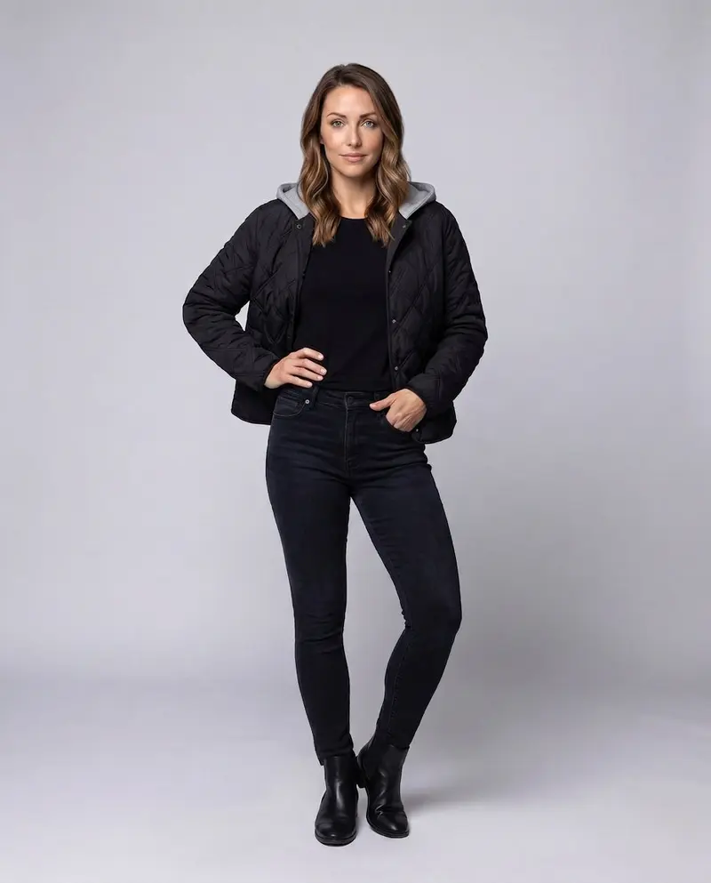 Damen kurze gesteppte Blousonjacke mit feiner Rautensteppung, Kapuzenfutter und wärmender thermischer Polsterung.