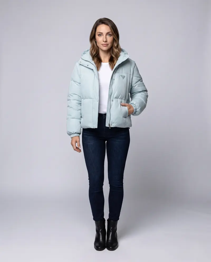 Damen kurze gesteppte boxy Pufferjacke mit Kapuze, verstellbarem Saum und elastischen Bündchen
