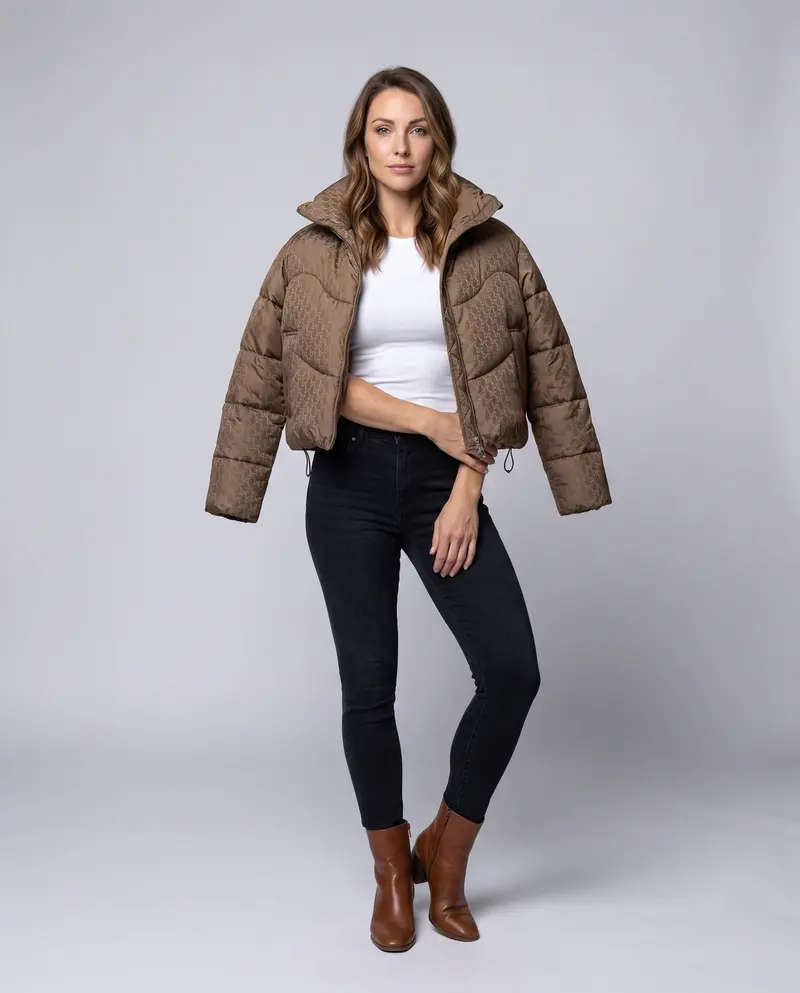 Damen kurze gesteppte Pufferjacke mit hohem Stehkragen, Hahnentrittmuster und Kordelzugsaum