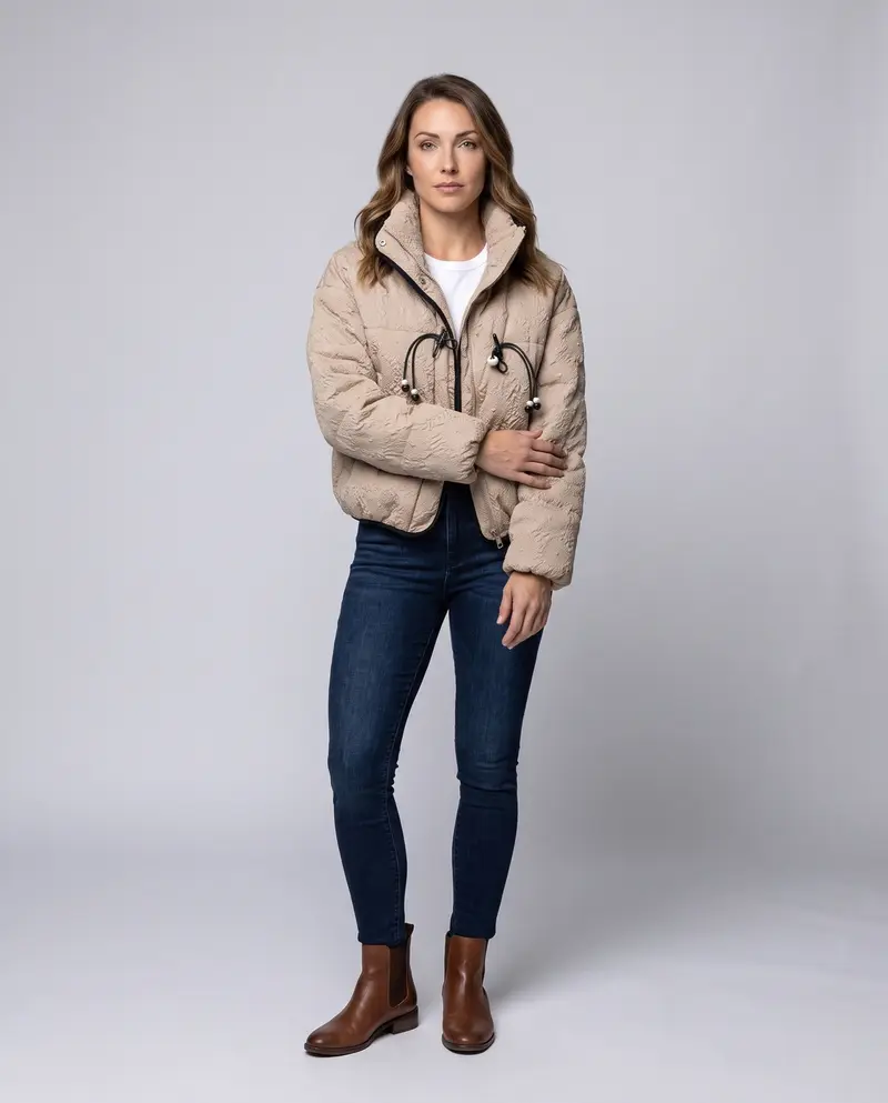 Damen kurze gesteppte Pufferjacke mit hohem Stehkragen, strukturierter Optik und dekorativen Kordeln