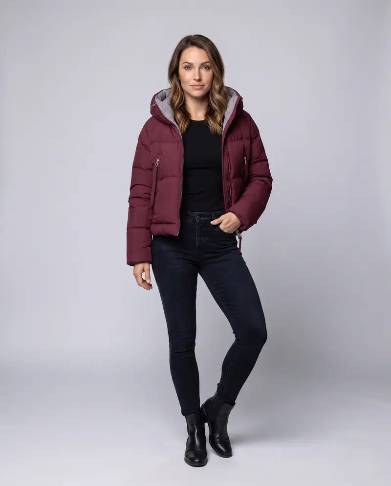Damen kurze gesteppte Pufferjacke mit Kontrastfutter, gepolsterter Kapuze und Reißverschlusstaschen