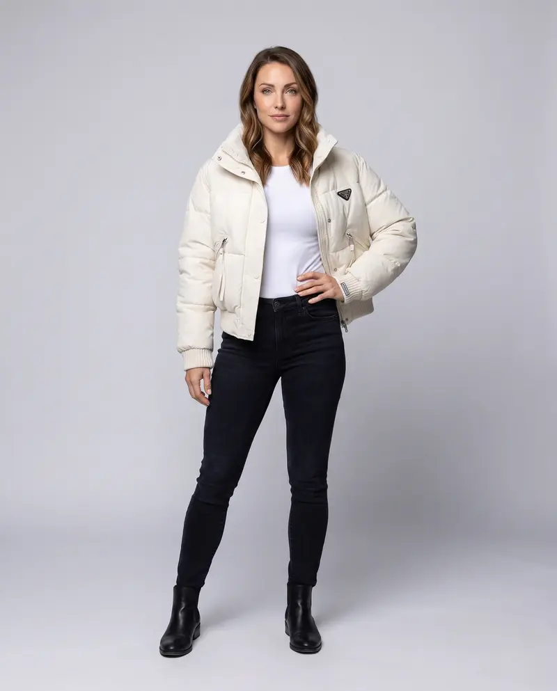 Damen kurze gesteppte Reisejacke mit hoch schließendem Stehkragen, tailliertem Rippbündchen und Reißverschluss-Taschen