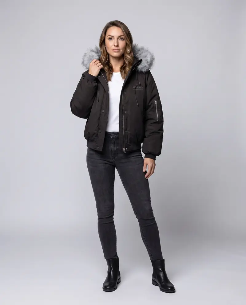 Damen kurze gesteppte Stadt-Bomberjacke mit voluminöser Kapuze, Kordelzug und winddichter thermischer Fütterung