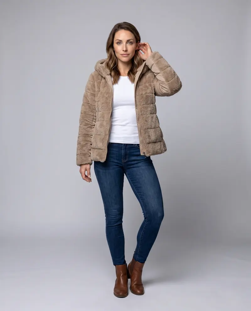 Damen kurze gesteppte Teddyjacke mit Kapuze und gepolsterten Seitenpaneelen
