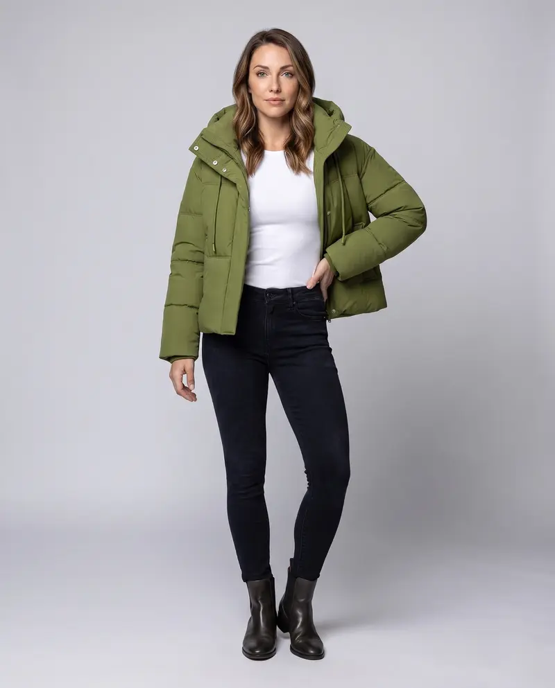 Damen kurze gesteppte Thermojacke mit hochschließendem Stehkragen, verstellbarem Saum und verdeckter Frontklappe