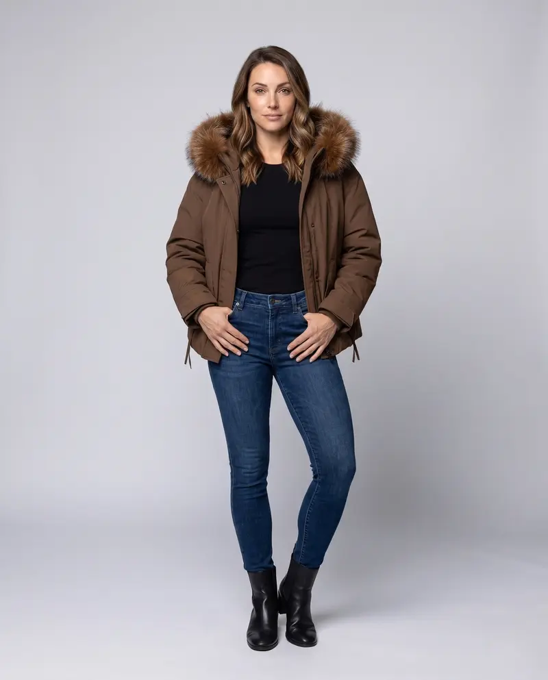 Damen kurze Isolationsjacke im boxy Schnitt mit voluminösem Kunstfellbesatz und funktionalen Klappentaschen