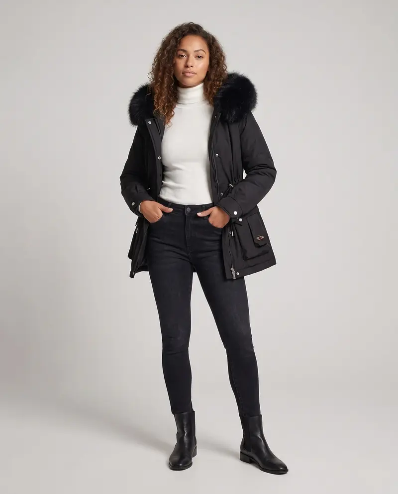 Damen kurze isolierte Utility-Parka mit modularen Cargo-Taschen und voluminösem Fellkragen