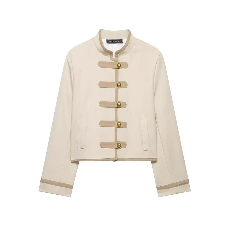 Damen Kurze Jacke im militärisch inspirierten Stil mit Stehkragen und Zierriemen Drune