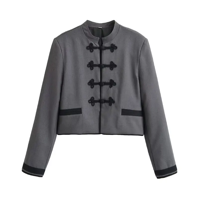 Damen Kurze Jacke mit Stehkragen, dekorativen Froschverschlüssen und boxy Schnitt Drune