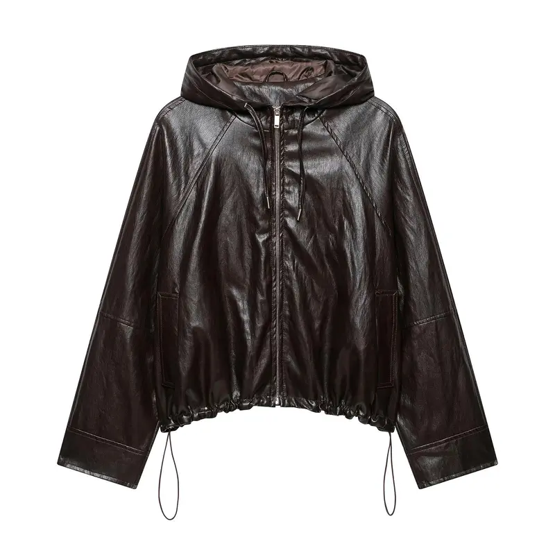 Damen kurze Kapuzen‑Lederoptikjacke mit Tunnelzug Raglanärmeln und Reißverschluss Drune