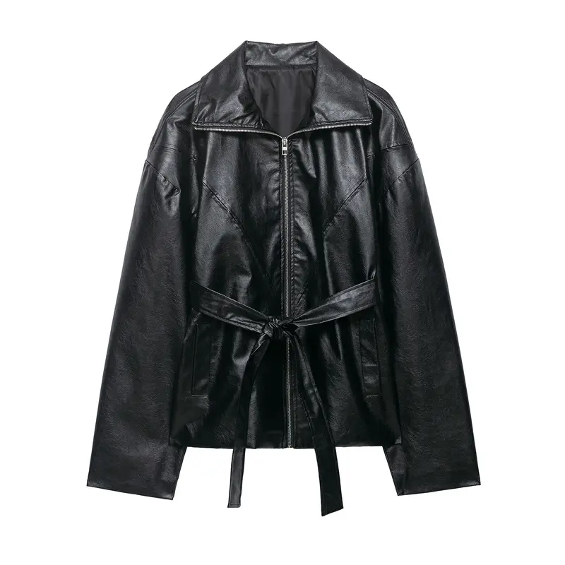 Damen Kurze Kunstlederjacke mit Taillengürtel, Reißverschluss und markantem Kragen Drune
