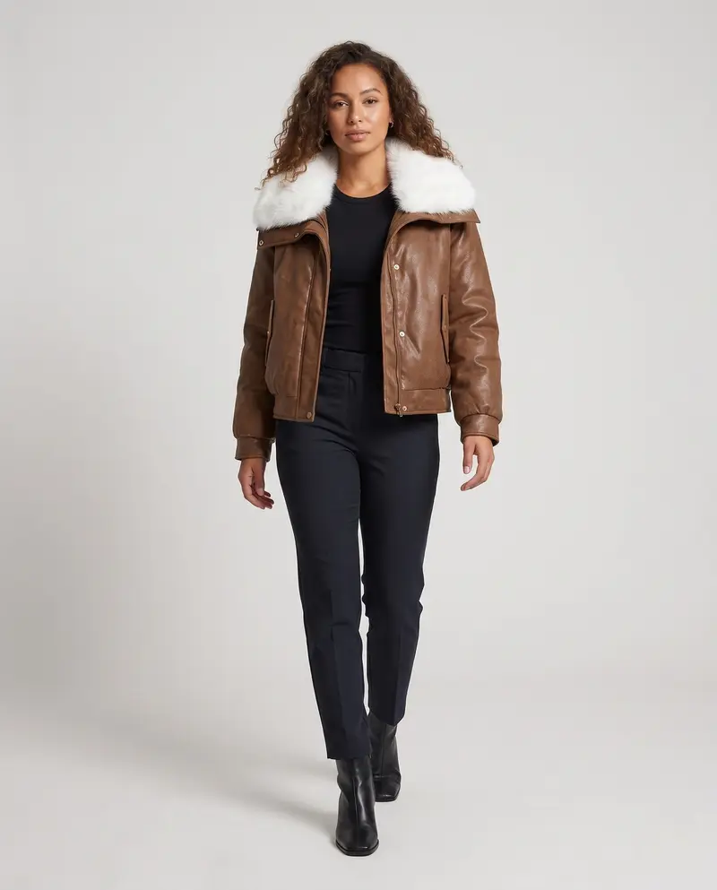 Damen kurze Lammleder-Imitation Fliegerjacke mit voluminösem Kunstfellkragen