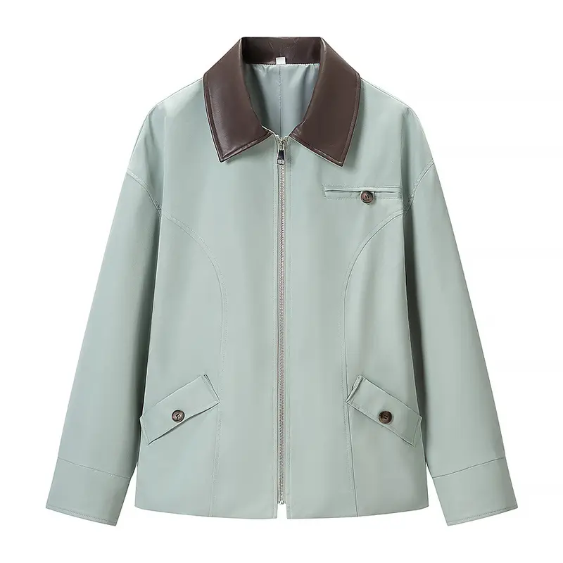 Damen Kurze Lederoptik-Blousonjacke mit Kontrastkragen und Reißverschluss Drune