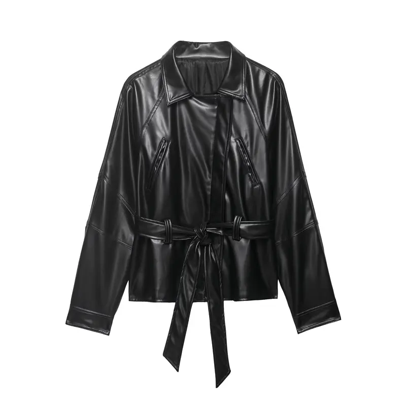 Damen Kurze Lederoptik-Trenchjacke mit Taillengürtel und überschnittenen Raglanärmeln Drune