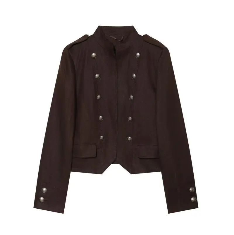 Damen Kurze Militärjacke im Uniformstil mit Stehkragen und dekorativen Druckknöpfen Drune