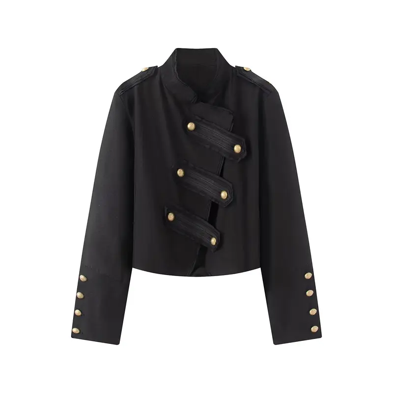 Damen Kurze Militärjacke mit Stehkragen und goldenen Zierknöpfen Drune