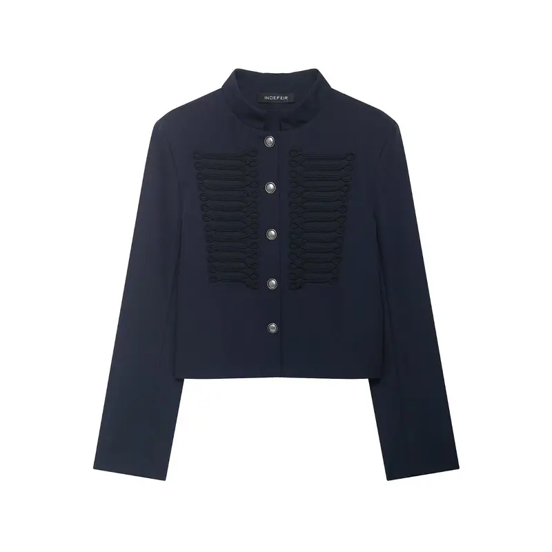Damen Kurze Military Jacke mit Stehkragen, Zierkordeln und Metallknopfleiste Drune