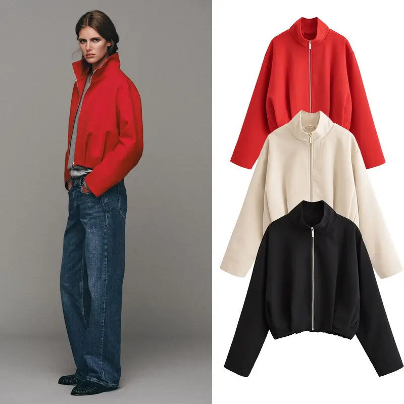 Damen Kurze Oversize‑Bomberjacke mit Stehkragen, Reißverschluss und kastiger Silhouette Drune