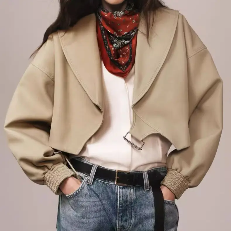 Damen Kurze Oversized Jacke mit breitem Schalkragen, Ballonärmeln und Taillenriegel Drune