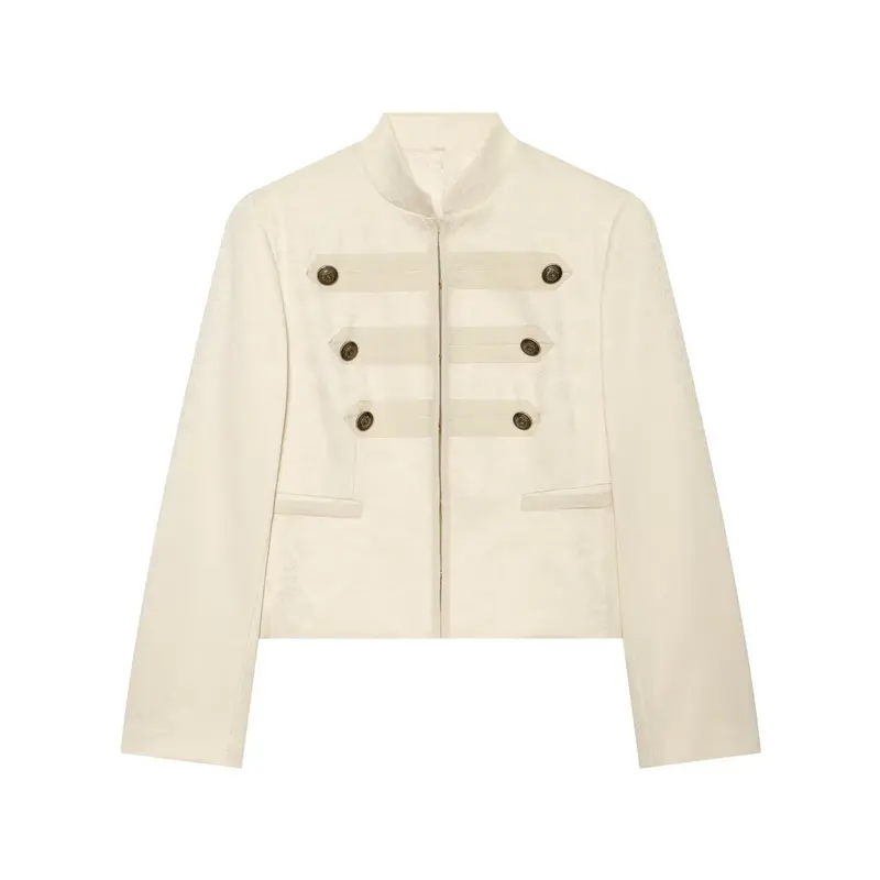 Damen Kurze Paradejacke mit Stehkragen, Zierbesatz und Reihenknöpfen Drune