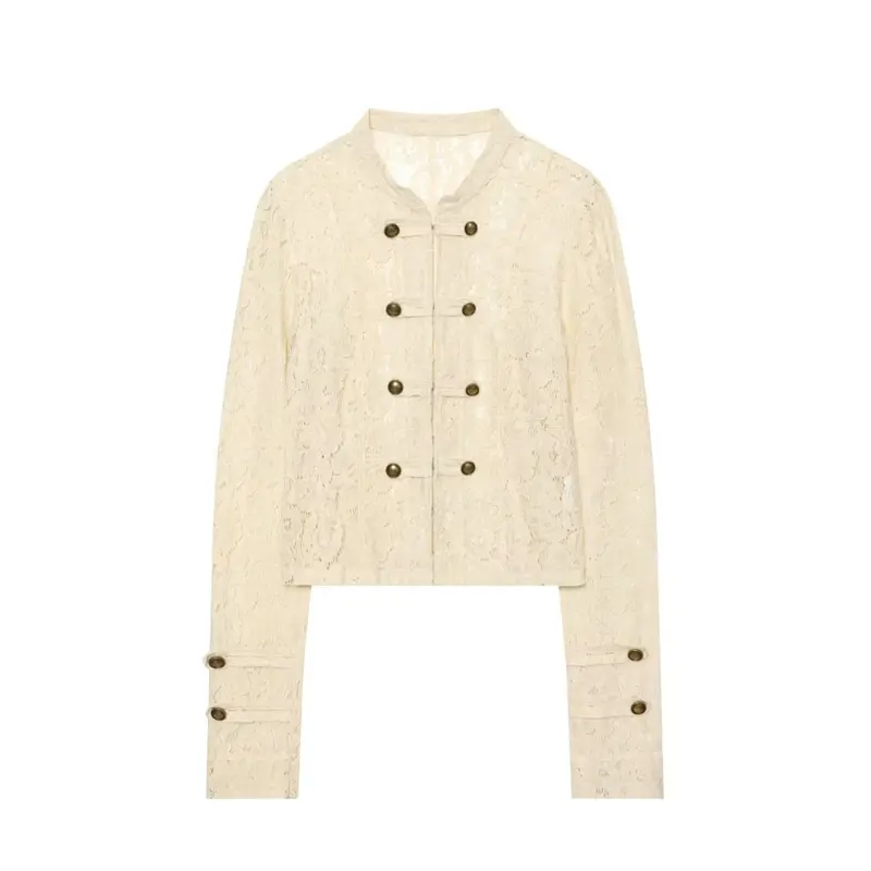 Damen Kurze Spitzenjacke im militärisch inspirierten Stil mit Stehkragen und Zierknopfleiste Drune