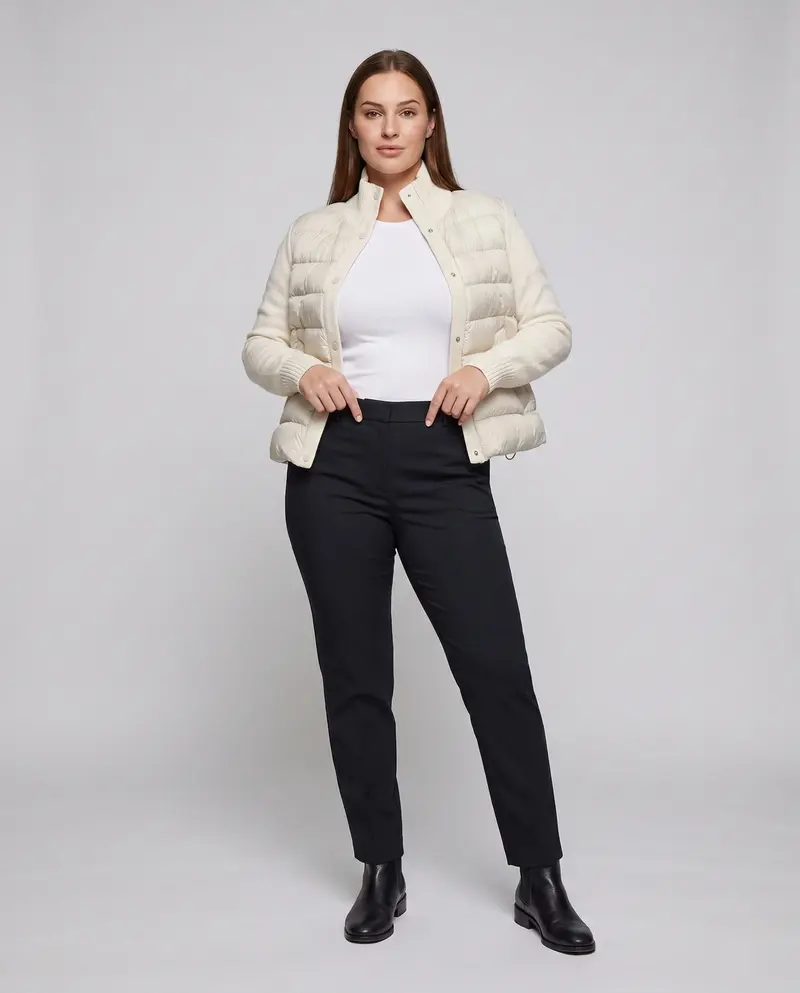 Damen kurze Stepp-Hybridjacke mit weichen Strickärmeln, Stehkragen und Druckknopfverschluss