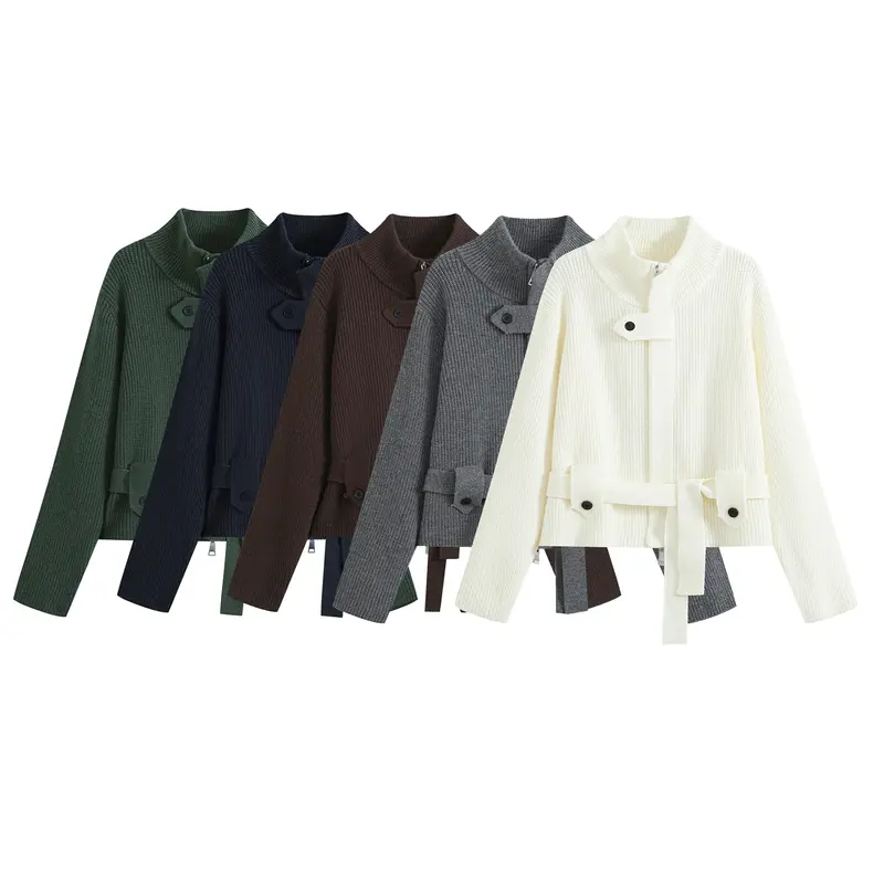 Damen Kurze Strickjacke im Blousonstil mit Stehkragen und Bindegürtel Drune