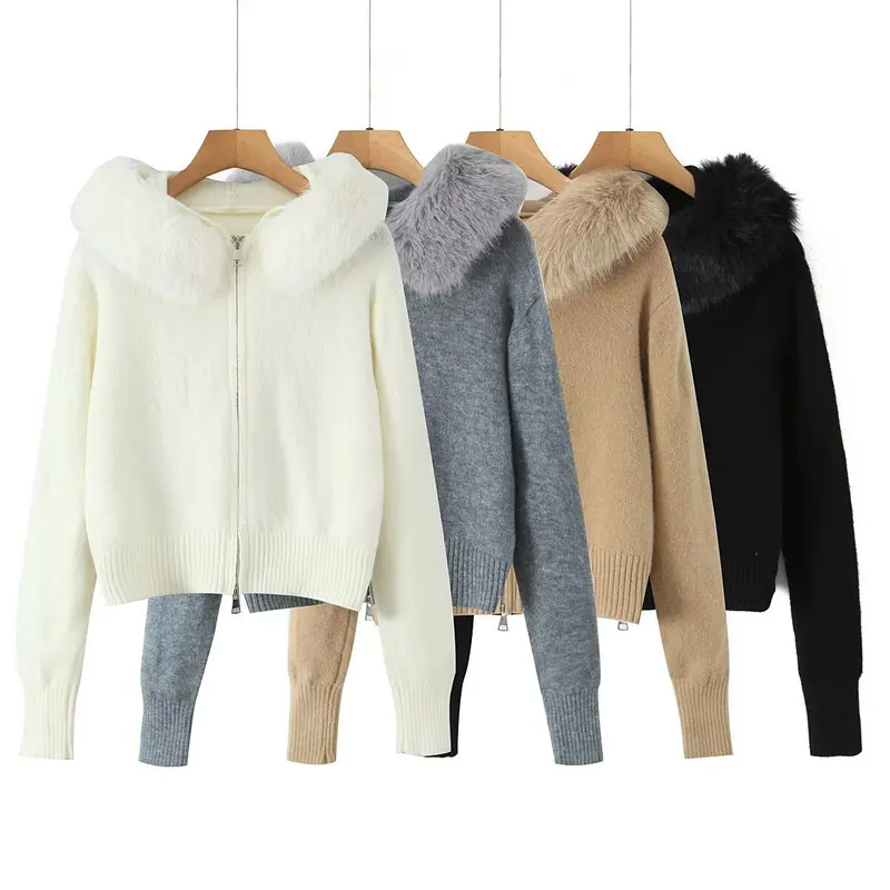 Damen Kurze Strickjacke mit Reißverschluss und abnehmbarem Kunstfellkragen Drune