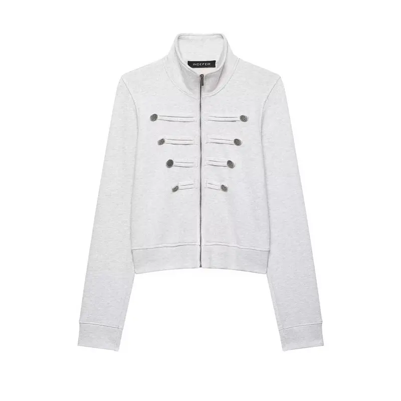 Damen Kurze Sweatjacke im Militärstil mit Stehkragen und dekorativer Knopfleiste Drune