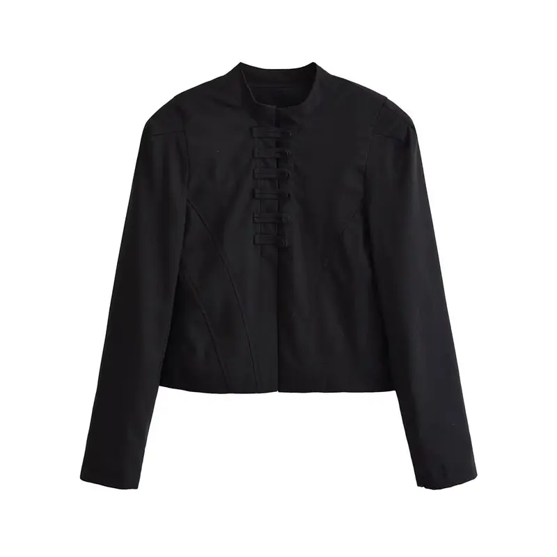 Damen Kurze Taillierte Blousonjacke mit Stehkragen, dekorativen Schlaufen und Teilungsnähten Drune