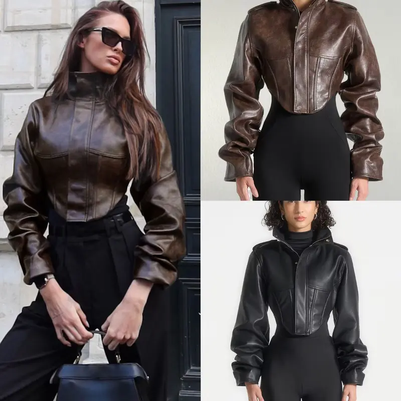 Damen Kurze taillierte Lederoptik‑Jacke mit Stehkragen und femininer Brustabsteppung Drune