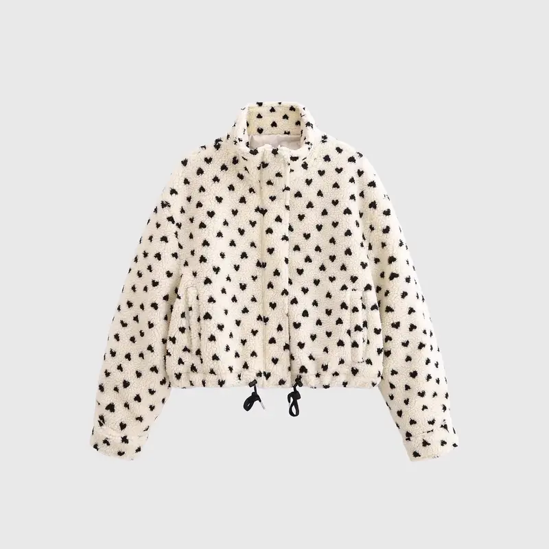 Damen Kurze Teddyjacke aus Sherpa‑Fleece mit Herzchenprint und Tunnelzug Drune