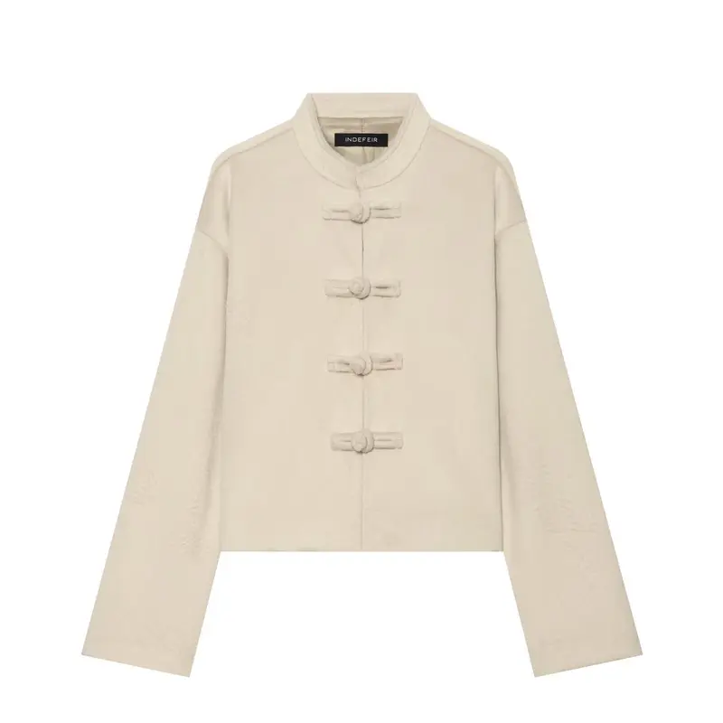 Damen Kurze Teddyjacke mit Mandarinkragen und dekorativen Knotenverschlüssen Drune