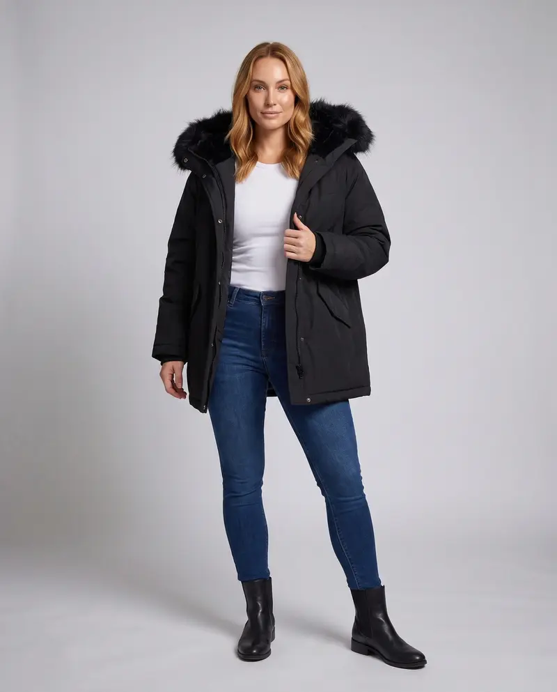 Damen kurze thermisch isolierte Kapuzenparka im boxy Schnitt mit abnehmbarem Kunstfellbesatz und multifunktionalen Taschen