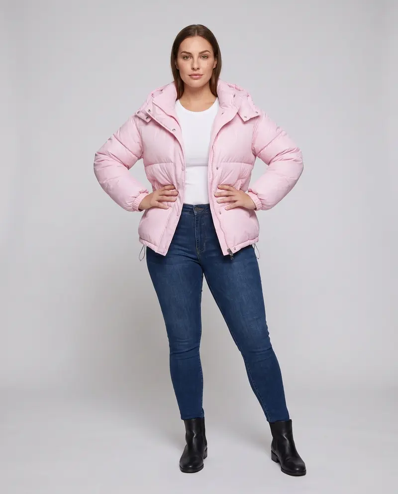Damen kurze thermische gepolsterte Jacke im boxy Schnitt mit hohem Stehkragen und elastischem Saum