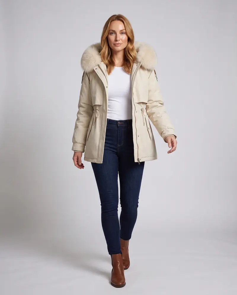 Damen kurze thermische Parka mit abnehmbarer Kapuze, verstellbarem Kordelzug in der Taille und verdeckten Druckknöpfen