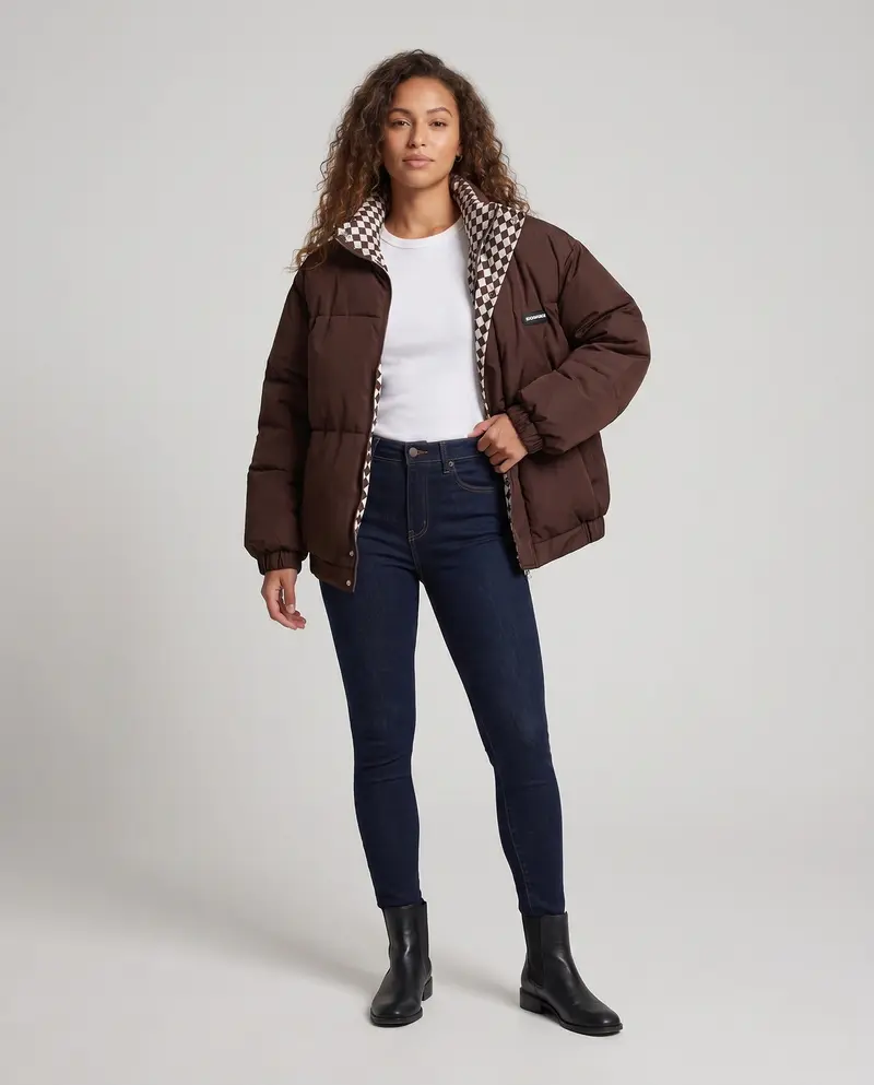 Damen kurze thermische Pufferjacke mit kariertem Wendefutter und hohem Stehkragen