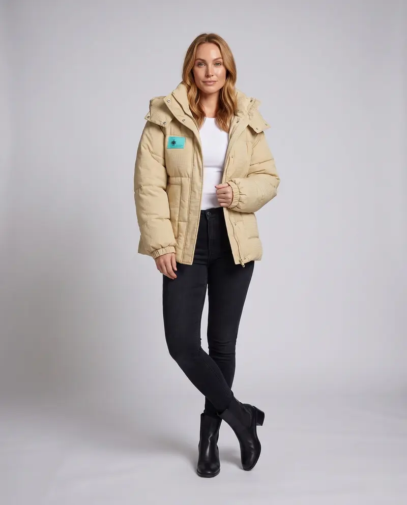 Damen kurze Thermo-Pufferjacke mit strukturiertem Mikrokaro-Stepp und ergonomischem Kapuzenkragen