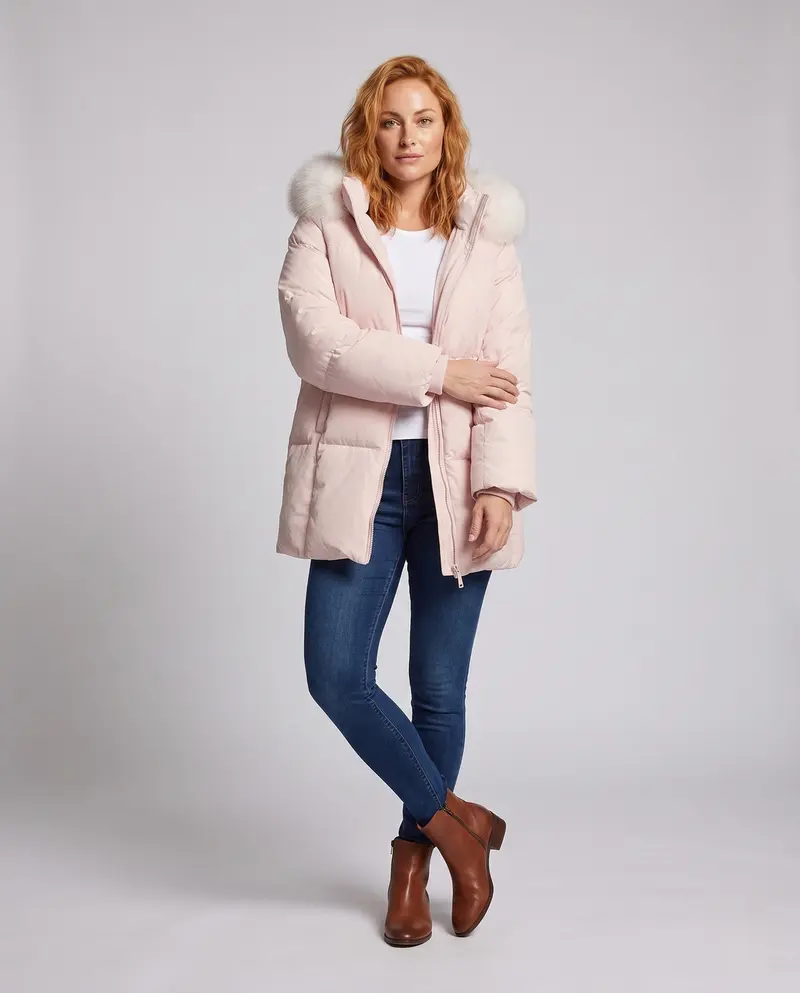 Damen kurze Thermo-Pufferjacke mit voluminösem Pelzkragen und kaschierender A-Linie-Silhouette